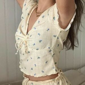 For Love And Lemons Blossom Pointelle Crop Top Yellow Floral Size XL